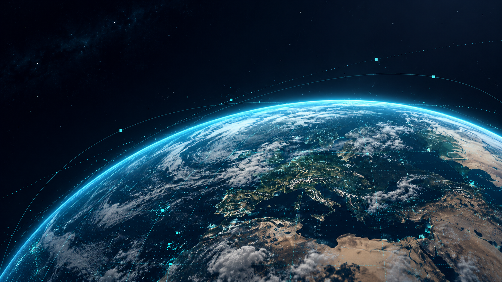 Earth viewed from space with pixel line art